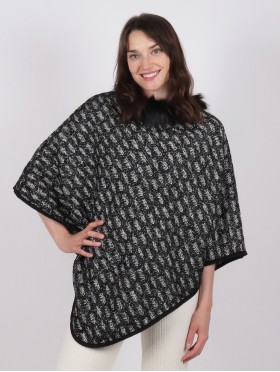 Plaid & Abstract Poncho W/ Fur Collar